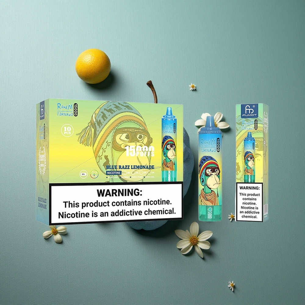 Blue Razz Lemonade RandM Fumot Tornado 15000 Puffs UK vape wholesale Mesh Coil LCD