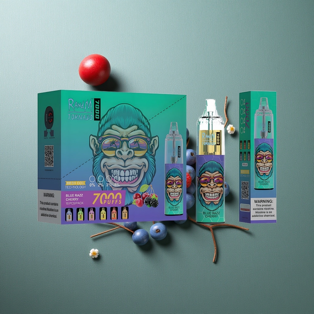 Blue Razz Cherry RandM Fumot Tornado 7000 Puffs UK Vape Wholesale with Mesh Coil & RGB Light