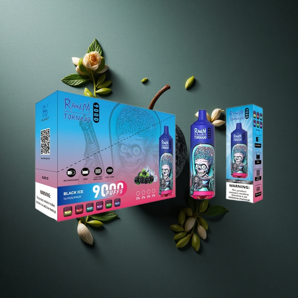 Black Ice RandM Fumot Tornado 9000 Puffs UK vape wholesale with Mesh Coil & RGB Display