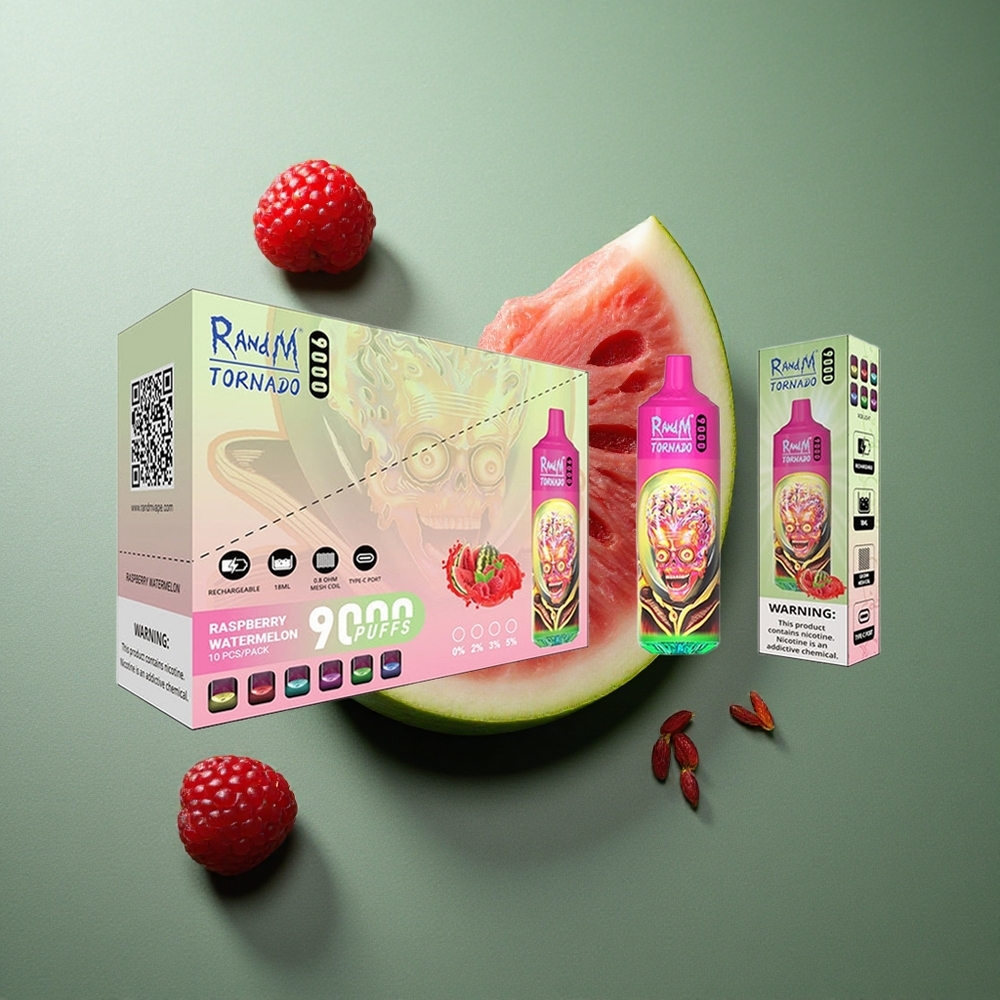 Raspberry Watermelon RandM Fumot Tornado 9000 Puffs UK vape wholesale Mesh Coil RGB Display