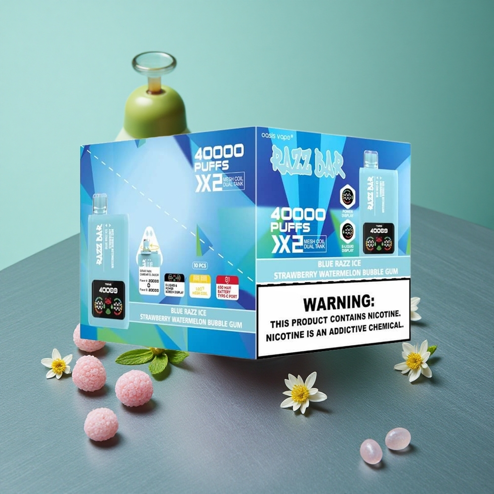 Blue Razz Ice-Strawberry Watermelon Bubble Gum Razz Bar 40000 Puffs UK Vape Wholesale Power Screen Display